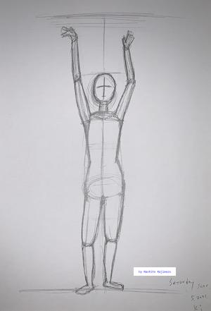 Drawing 53. Human anatomy. I drew a person with both hands raised.
