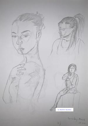 Drawing 71. Portrait. I drew a woman facing the front, a woman facing right, and a sitting woman.