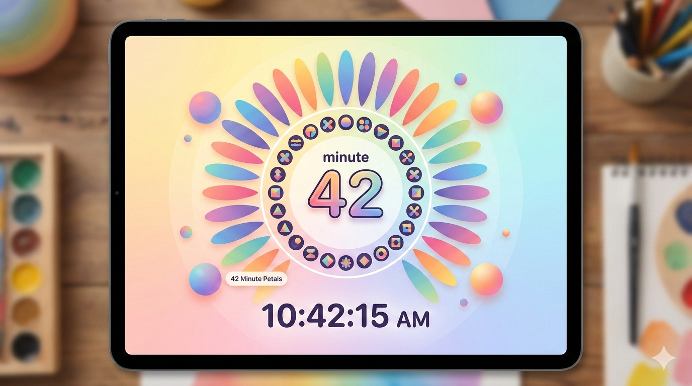 Educational digital art clock "World Time Colors" for kids displayed on a tablet with rainbow gradient and geometric shapes.